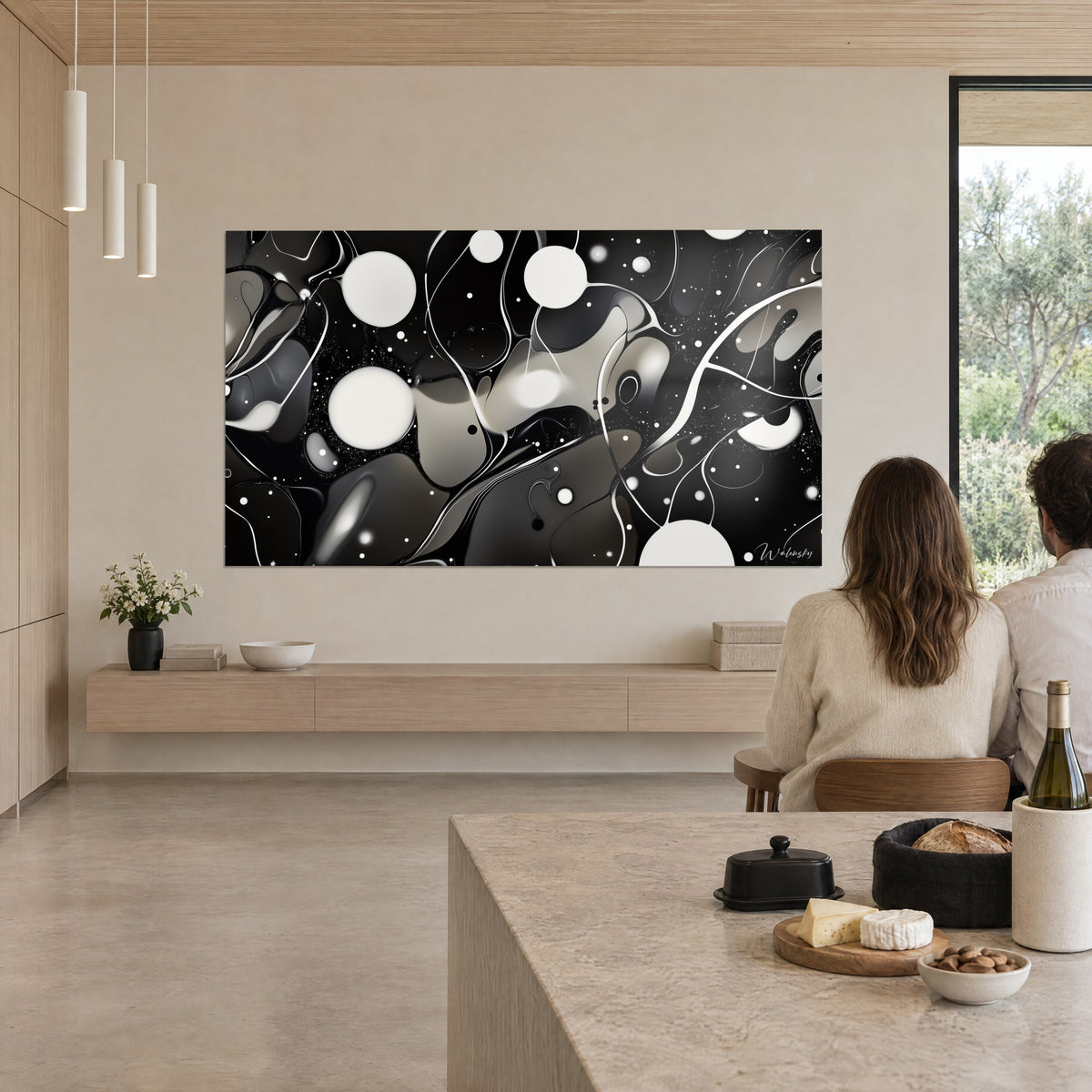 Wall art abstract starry sky, large white spheres and glittering dust on black, above a light wood bar