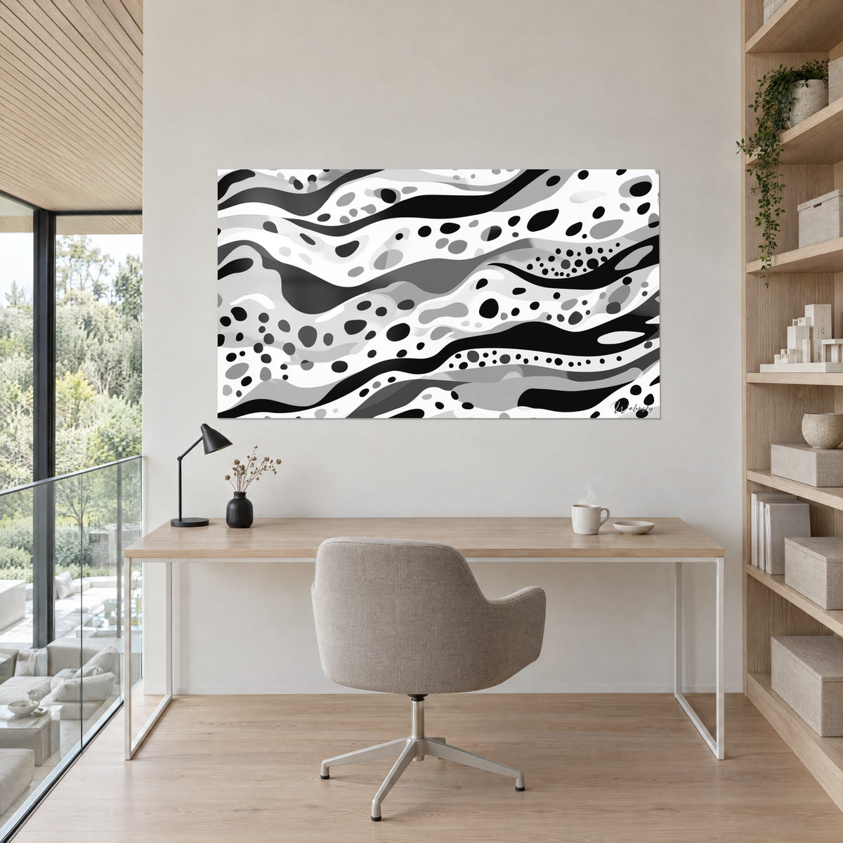 Cuadro de olas dálmatas en negro y blanco con puntos grises, colgado encima de un escritorio de madera clara y una estantería