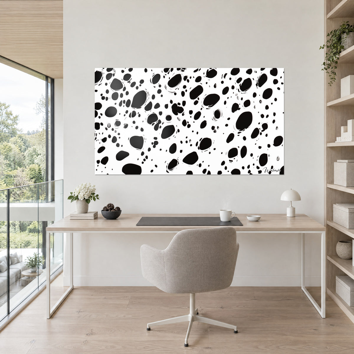 Cuadro de pelaje moteado estilizado, formas orgánicas negro profundo y blanco brillante, encima de un escritorio claro y una silla gris