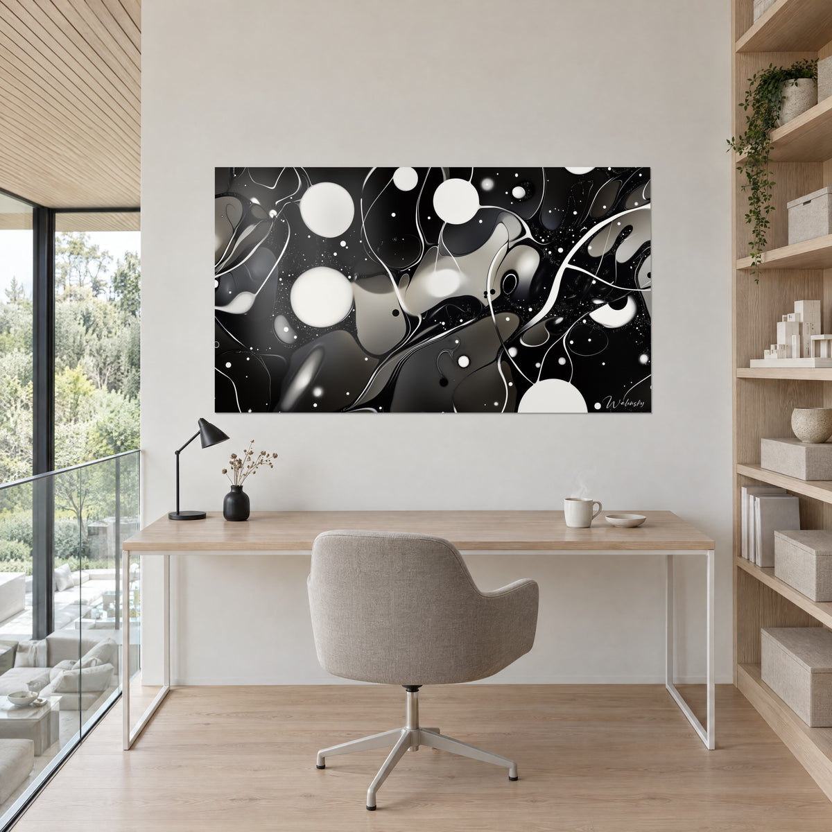 Wall art liquid galaxy with white glows, charcoal grey ripples and pearly strokes, above a light oak desk