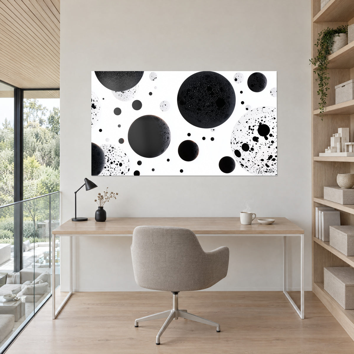 Quadro di lune nere craterizzate che fluttuano su uno sfondo bianco brillante, grafico in bianco e nero, parete di studio vicino a una libreria in legno