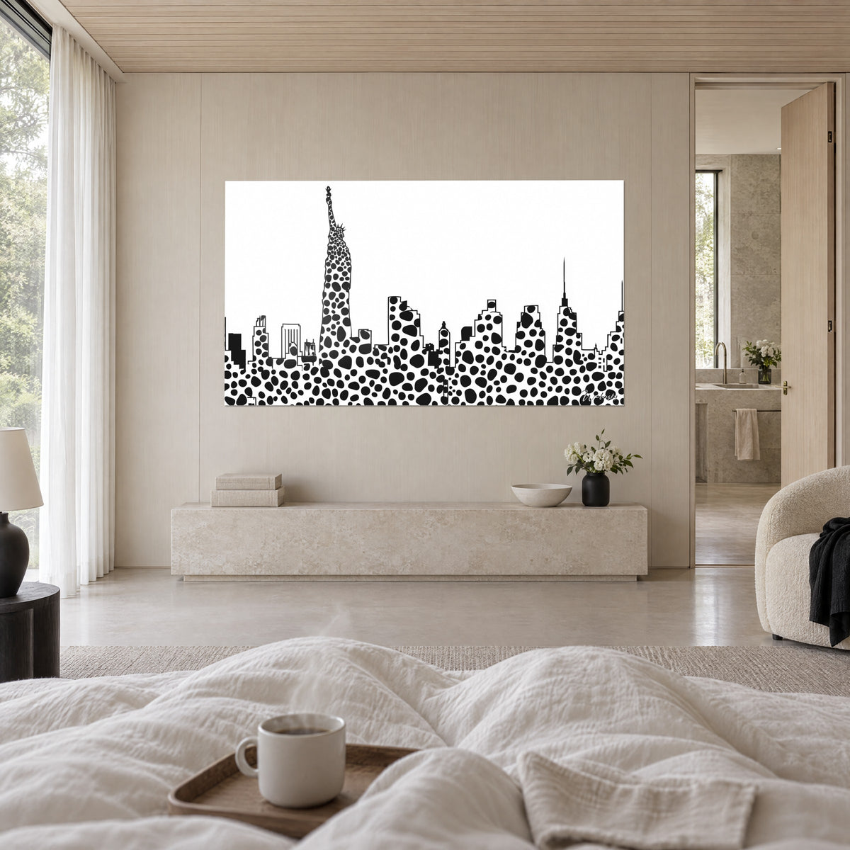 Wall art New York horizon in organic black polka dots on white background, buildings and statue, above a bed in a light bedroom
