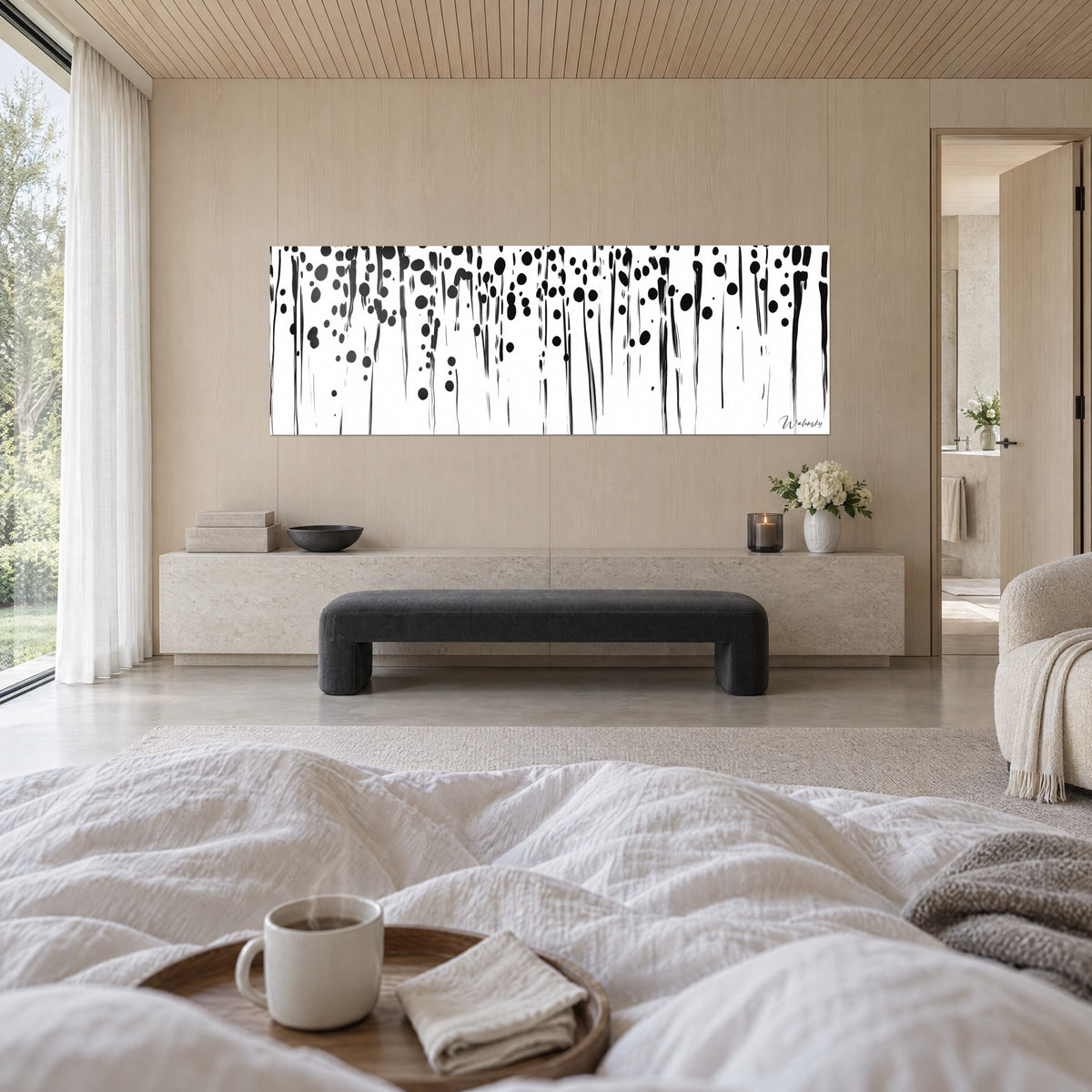 Quadro di acquazzone di gocce nere e fili che scendono su sfondo bianco, appeso sopra un letto in una camera luminosa