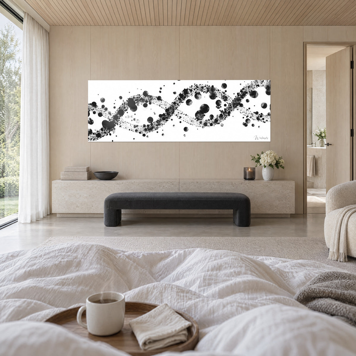 Tableau brin d'ADN en éclaboussures d'encre noire et gris cendré sur fond blanc, au-dessus d'un lit dans une chambre claire