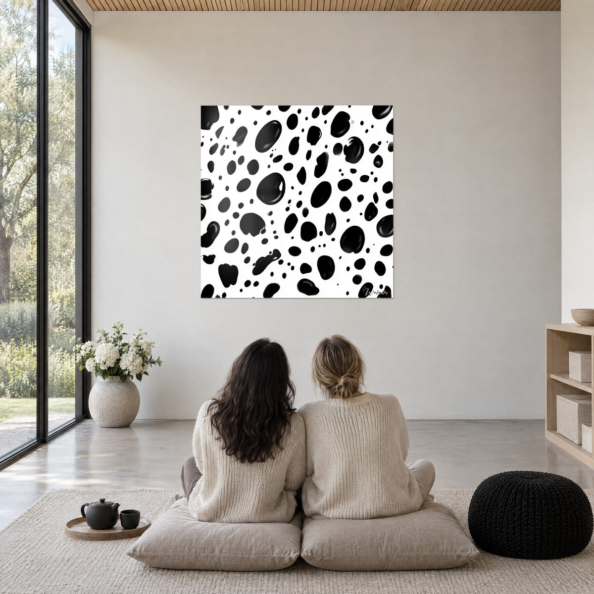 Cuadro con una constelación de manchas negras sobre fondo blanco, óvalos lacados irregulares, pared luminosa frente a dos mujeres sentadas de espaldas