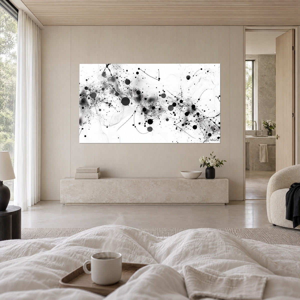 Tableau nuée de points noirs et grisés reliés par de fins fils, regardée depuis le lit, au-dessus d'un lit dans une chambre claire