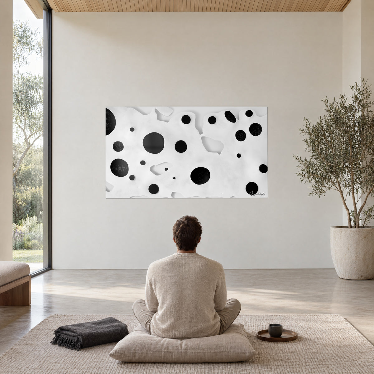 Wall art with a galaxy of black circles on pure white modelled relief, person in beige sweater sitting on a cushion, potted olive tree, white wall, light parquet floor