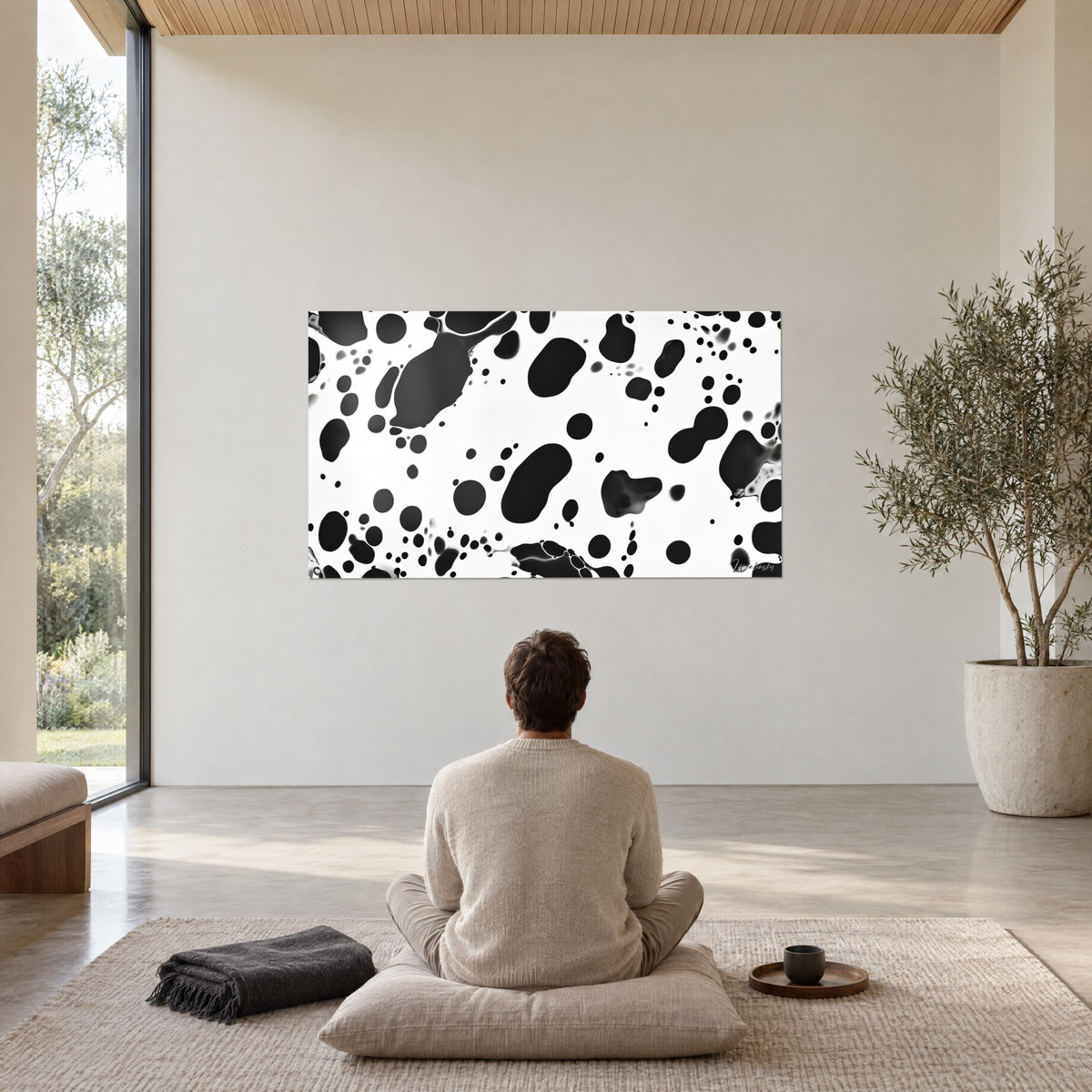 Cuadro con charcos negros irregulares sobre blanco luminoso, como leche y tinta, hombre sentado en meditación sobre un cojín beige, ventanal