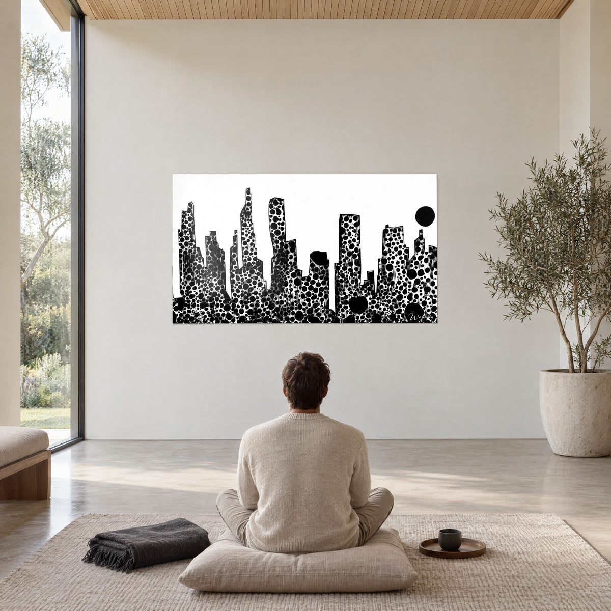 Schilderij stedelijk moleculair landschap van zwarte vlekken op wit, man mediterend zittend op een crèmekleurig kussen, opgeruimde ruimte, olijfboom in pot