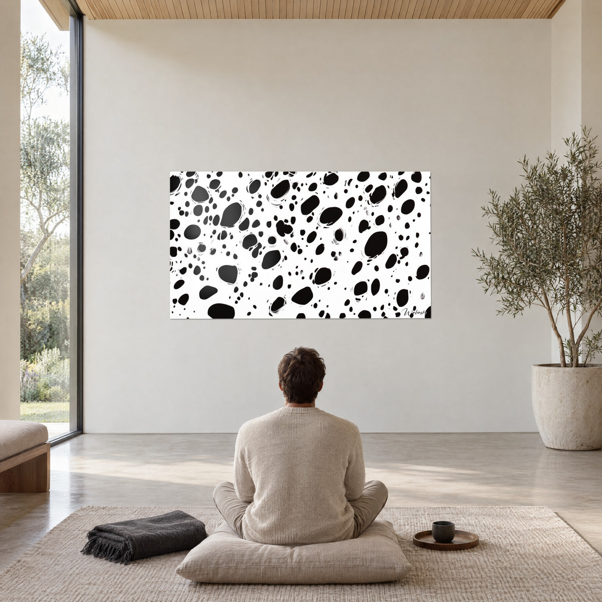 Cuadro de constelación de células negras sobre blanco, gran formato con pinceladas visibles, frente a un cojín de meditación