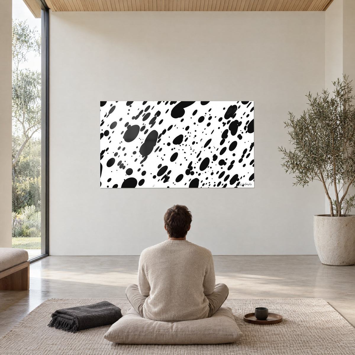 Tableau semis de points et d'ovales noirs sur blanc, rythme en diagonale, face à une personne assise sur un coussin au salon