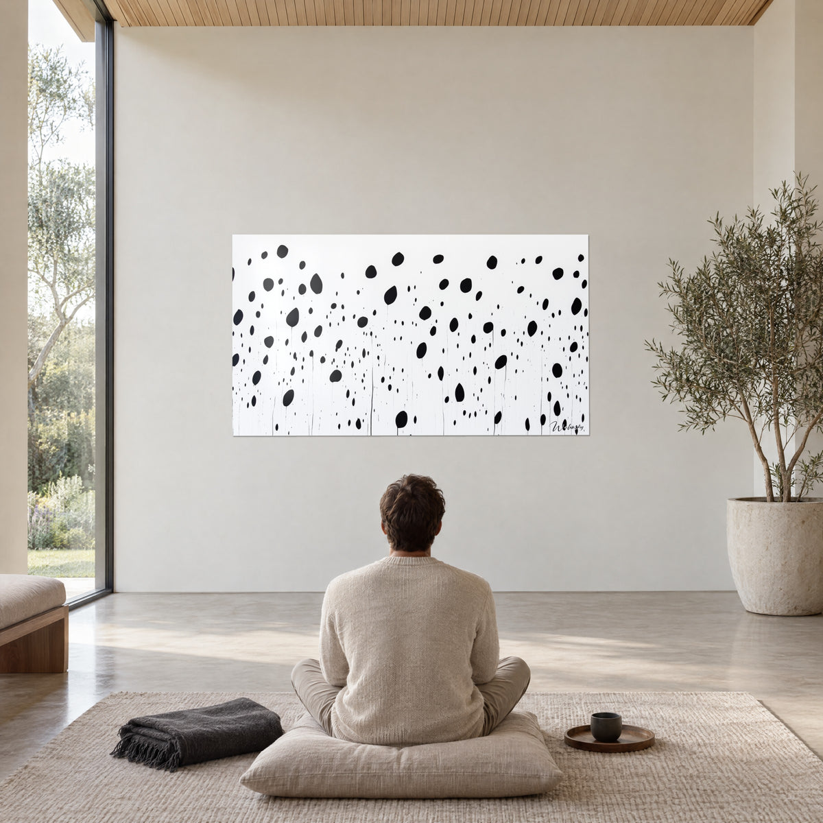 Gemälde Sternbild aus schwarzen Tropfen auf Weiß, gegenüber einem Mann, der im Schneidersitz auf einem beigen Kissen sitzt, helle Wand und Olivenbaum