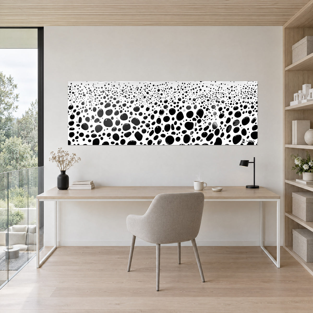 Cuadro con salpicaduras de tinta negra dispersas, fondo blanco brillante, colgado encima de un escritorio de madera clara cerca de un gran ventanal