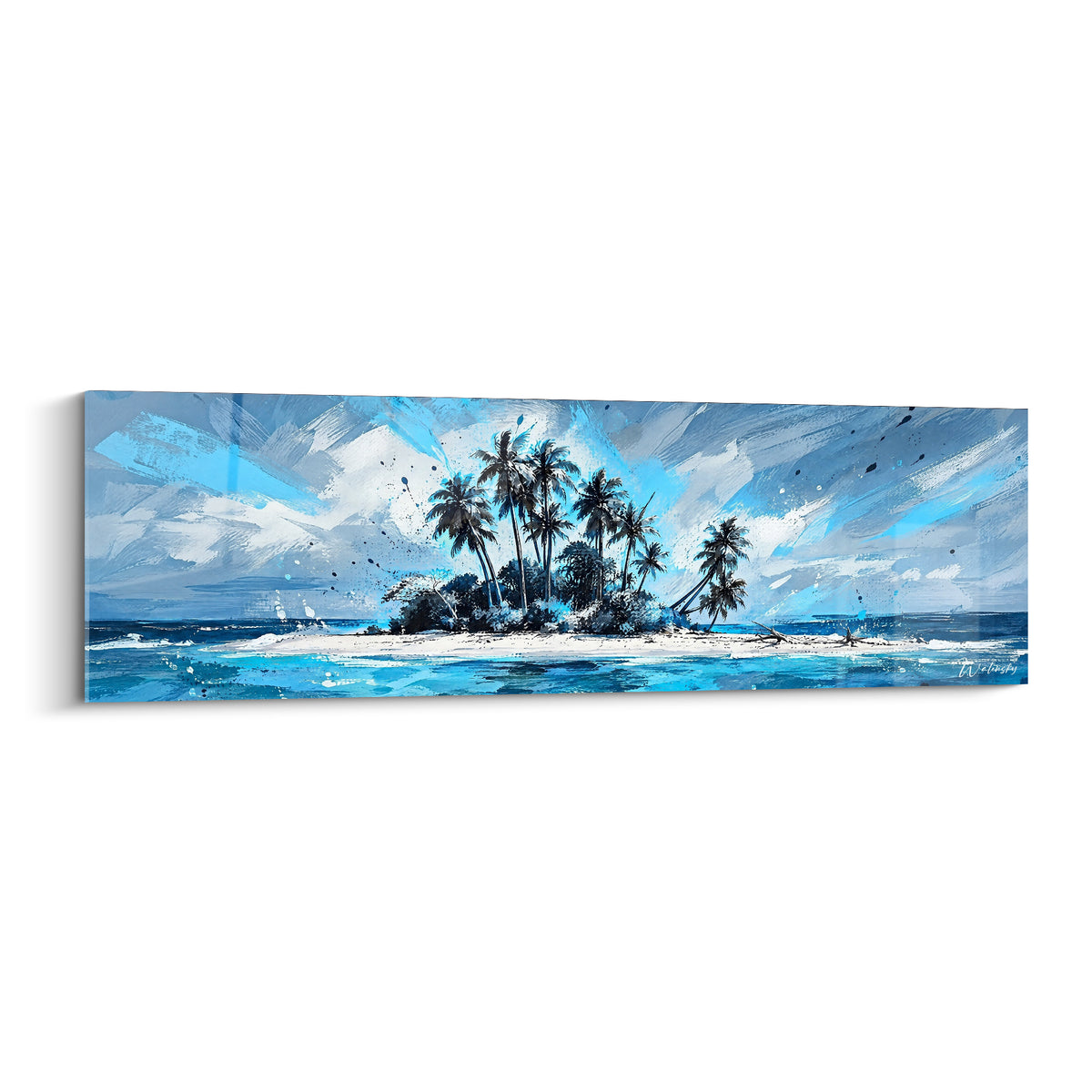 Îlot aux palmiers noirs sur lagon bleu turquoise et ciel marine éclaboussé de blanc