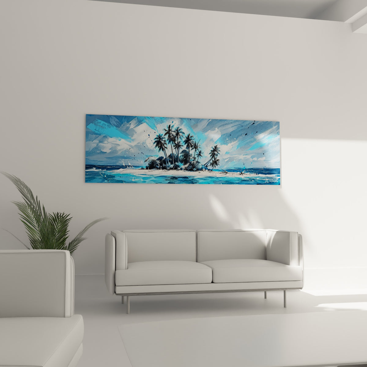 Lagon turquoise et îlot sablonneux aux palmiers noirs, au-dessus d'un canapé dans un salon lumineux