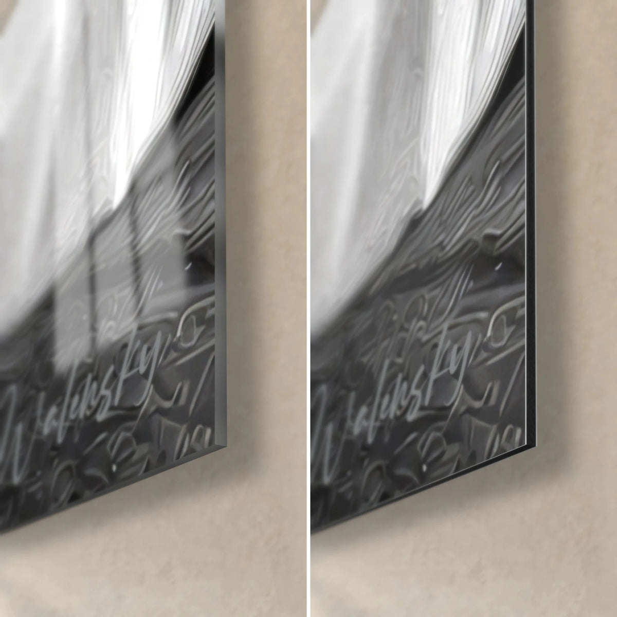 Tableau escarpins argentés, signature Walensky blanche sur noir, verre acrylique brillant et alu Dibond mat, tranche de 3 mm
