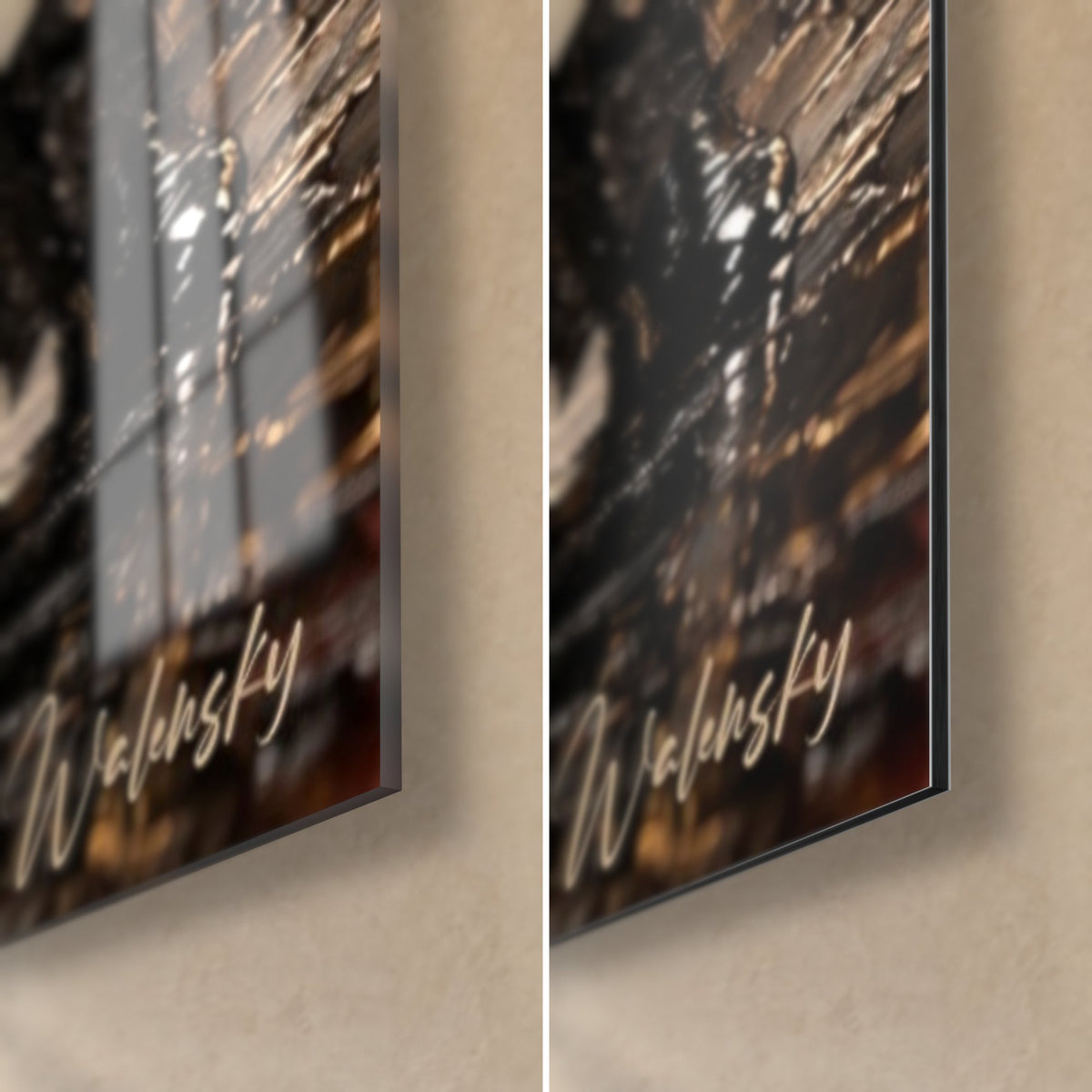 Tableau danseurs de tango, coin bas droit : verre acrylique brillant à gauche, alu Dibond mat à droite, tranche de 3 mm et signature dorée