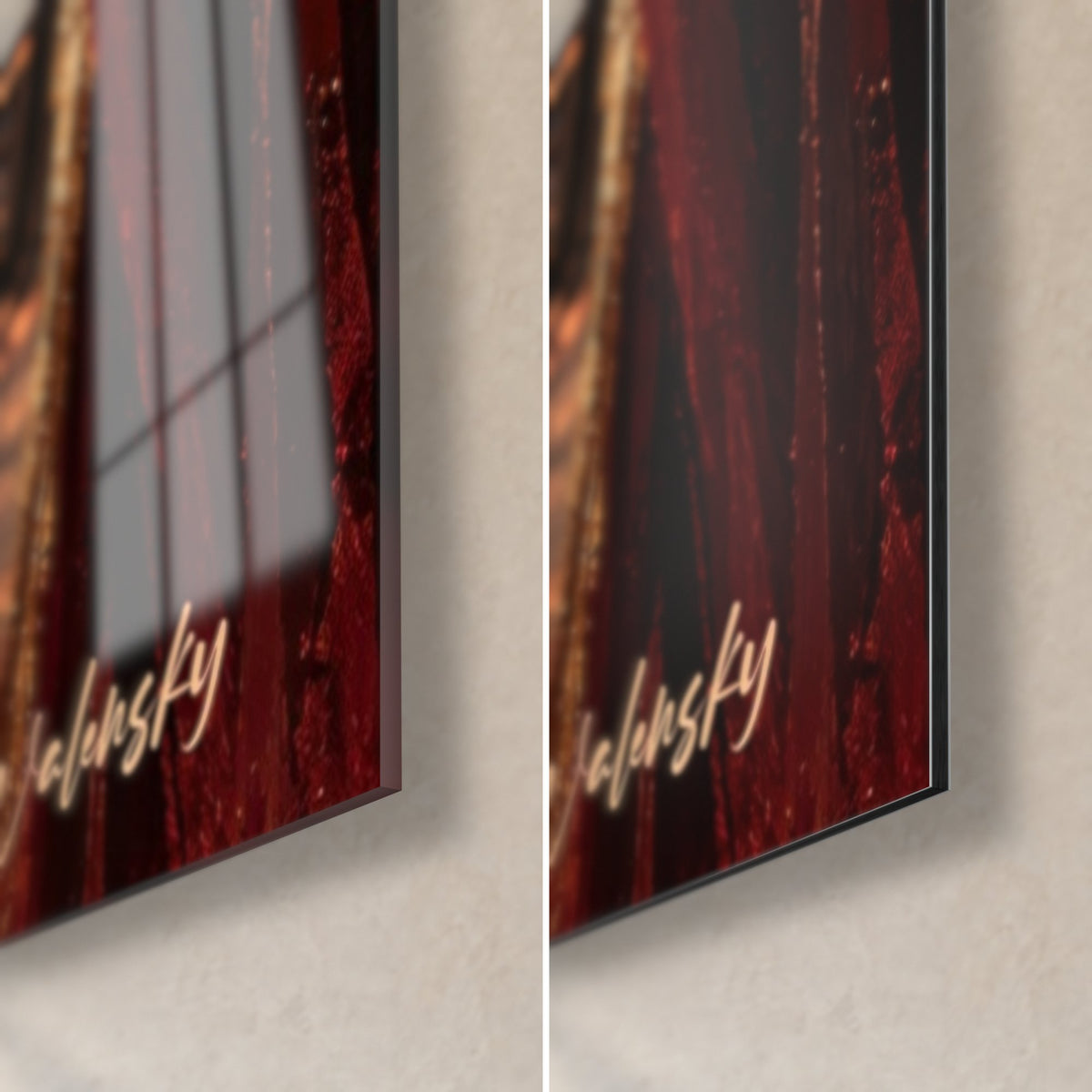 Tableau danseuse en robe rouge, coin bas droit : verre acrylique brillant à reflets, alu Dibond noir mat et tranche de 3 mm