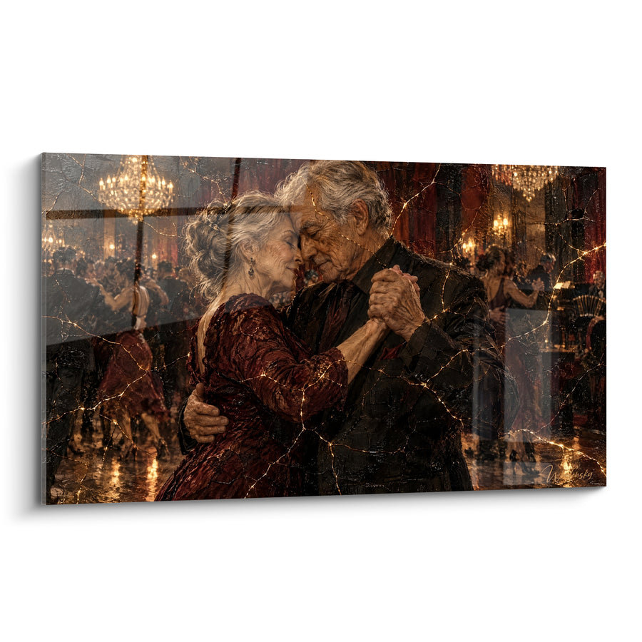 Tableau Couple âgé en danse bordeaux et noir - Étreinte éternelle - Edition Tango