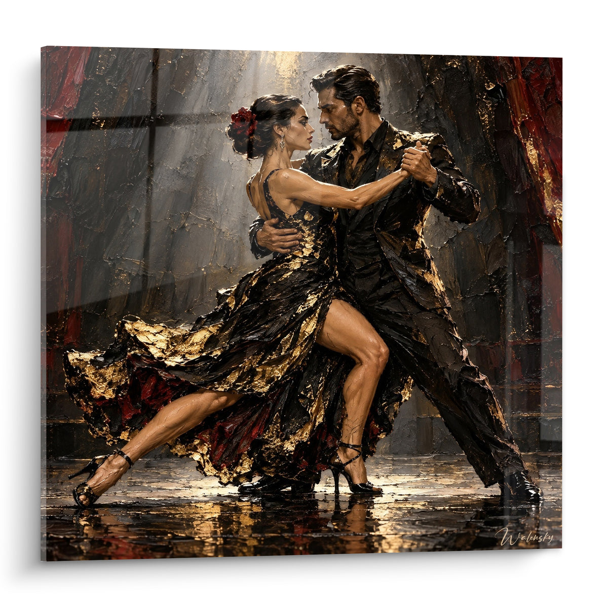 Tableau Tango de danseurs noir et doré enlacés dans un geste intense et théâtral
