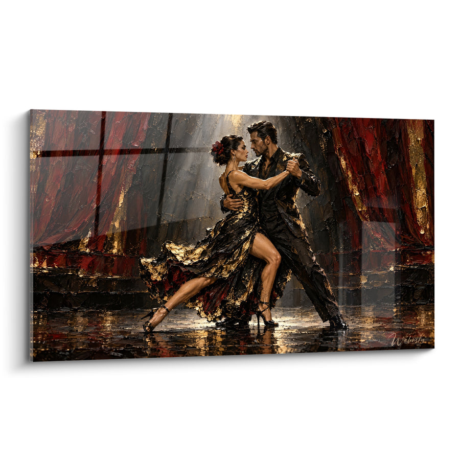 Tableau Danseurs robe noire et or au rideau pourpre - Sol mouillé réfléchissant - Edition Tango