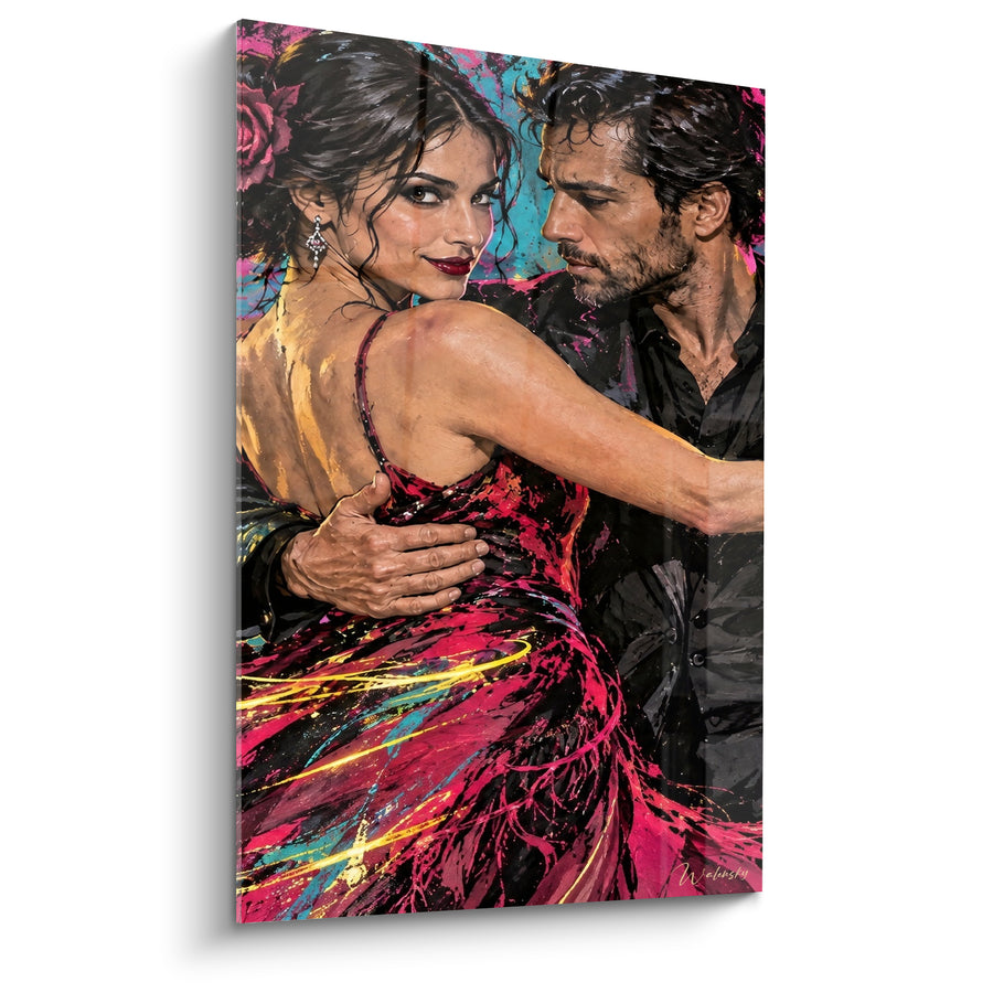 Tableau Danseurs rose et noir à la rose pourpre - Sourire en coin - Edition Tango