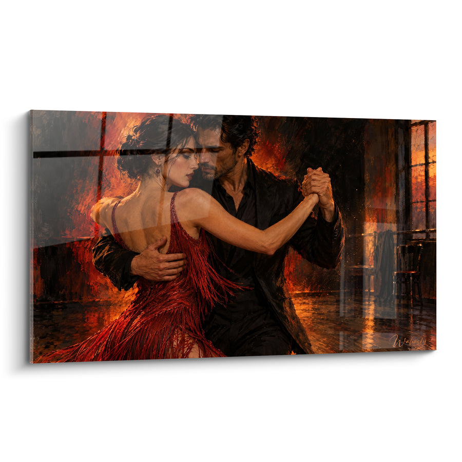 Tableau Danseurs rouge et noir aux chaises en arrière-plan - Robe à franges pourpres - Edition Tango