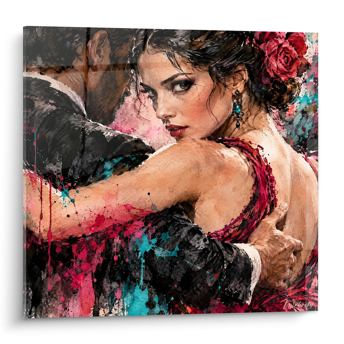Tableau Tango danseurs enlacés, robe rouge grenat et costume noir, éclaboussures turquoise vives