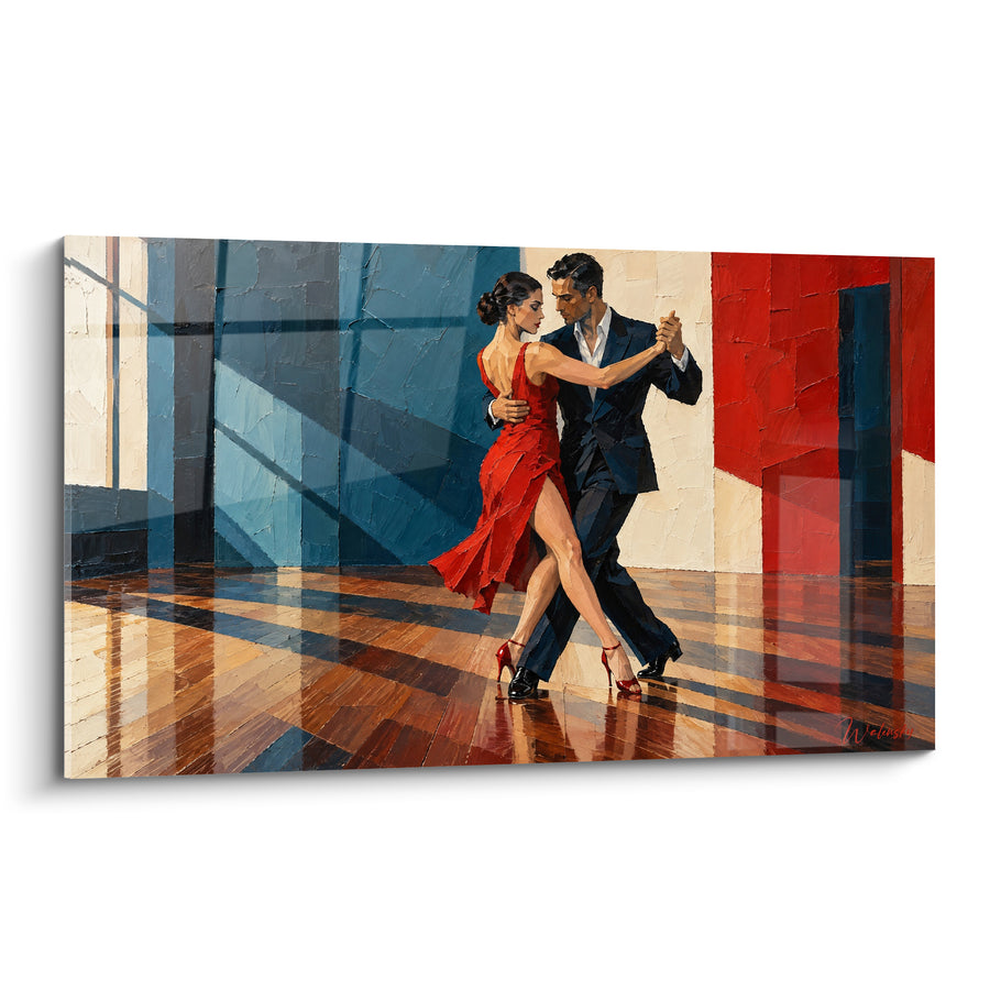 Tableau Danseurs rouge et bleu aux murs géométriques - Parquet verni réfléchissant - Edition Tango