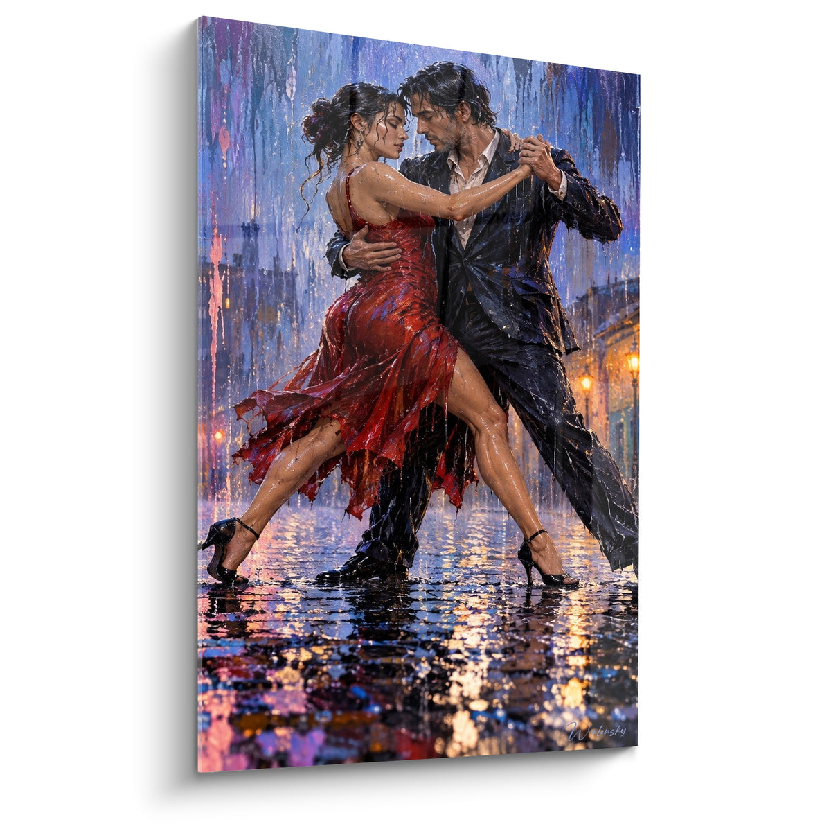 Tableau Tango danseurs enlacés en robe rouge écarlate et costume anthracite sous la pluie nocturne