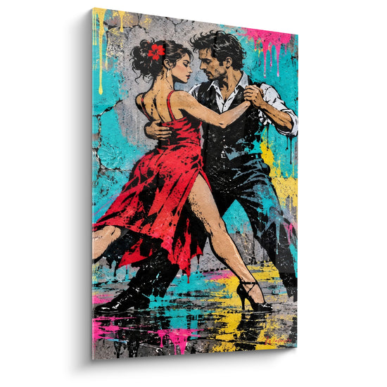 Tableau Danseurs rouge et turquoise au mur fissuré - Fleur rouge aux cheveux - Edition Tango