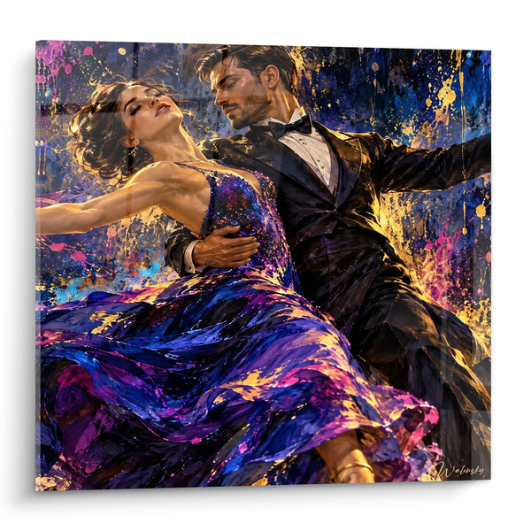 Schilderij Dansers paarse en goudkleurige jurk in omgekeerde stand - Witte vlinderdas - Tango-editie