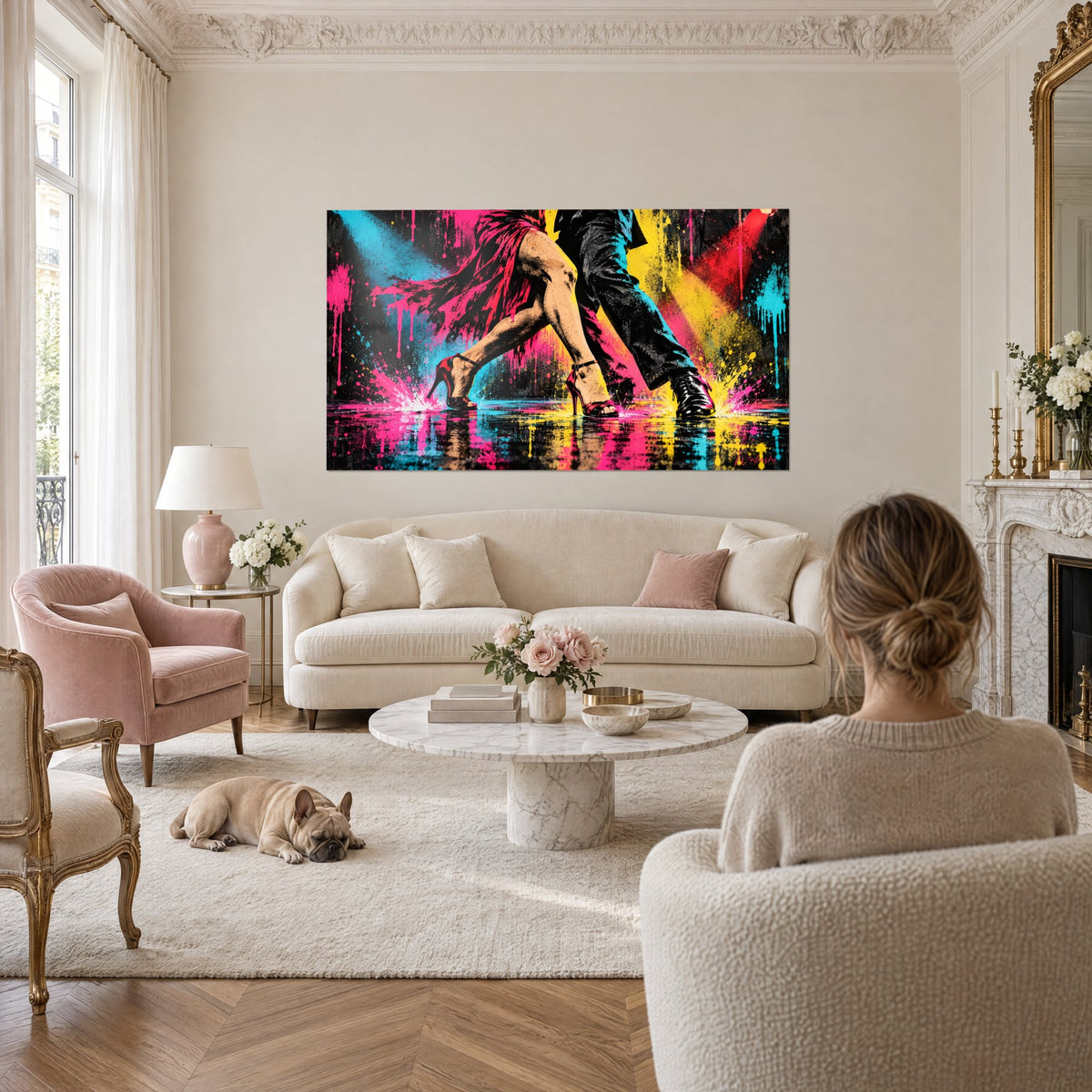 Tableau couple de tango en éclaboussures rose fluo et turquoise, talons rouges sur sol mouillé, au-dessus d'un canapé dans un salon lumineux