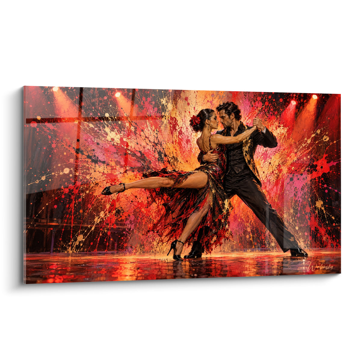 Tableau Tango : couple enlacé en pleine figure dramatique, rouge écarlate et doré en éclaboussures explosives
