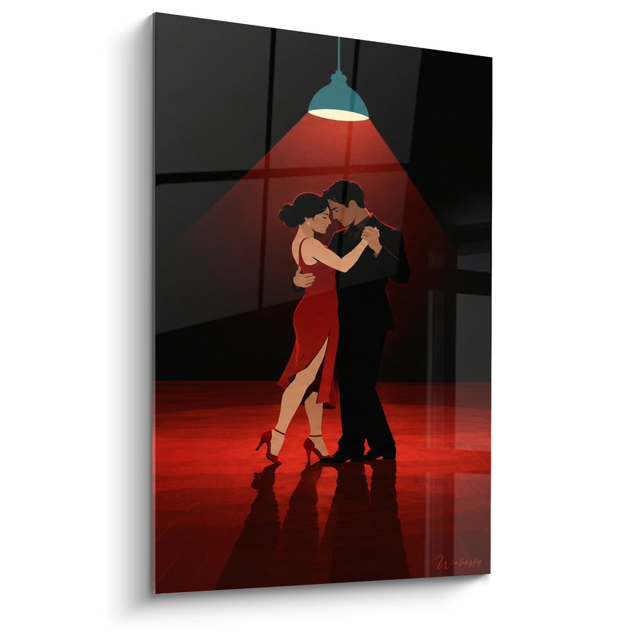 Tableau Danseurs rouge et noir sous suspension bleue - Étreinte nocturne - Edition Tango