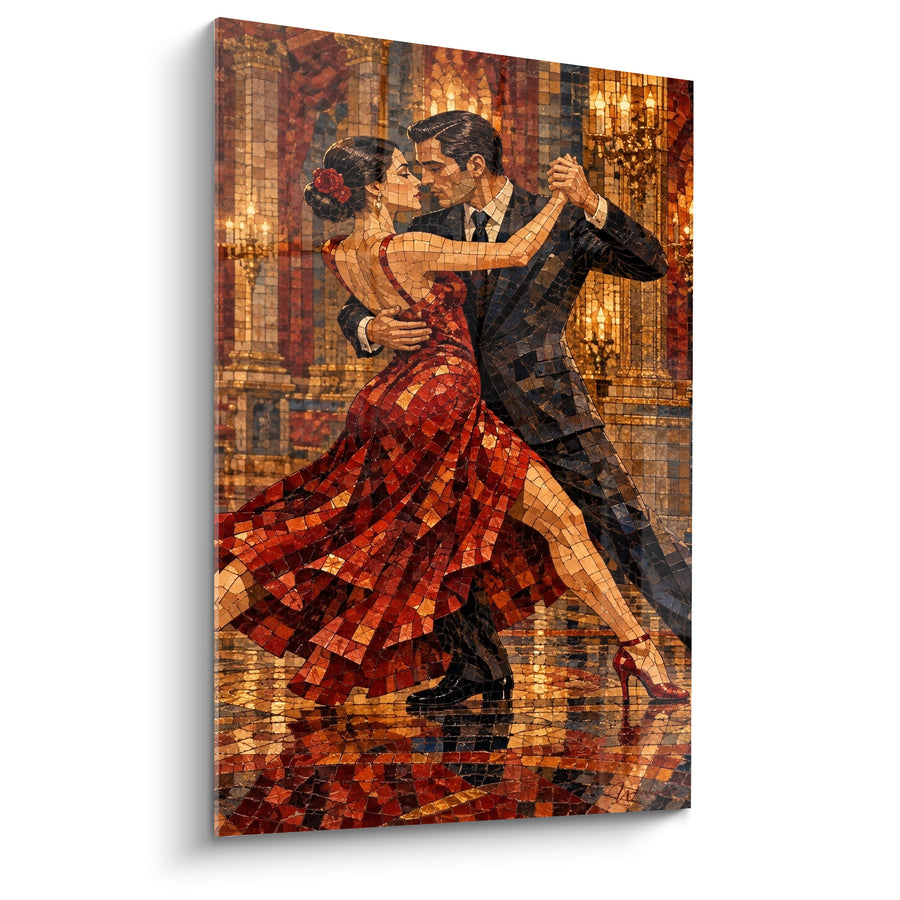 Tableau Danseurs en mosaïque rouge et dorée au lustre ancien - Effet de vitrail fragmenté - Edition Tango