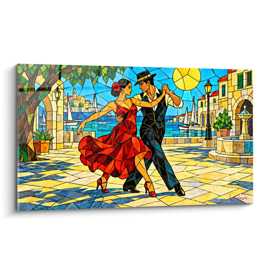 Tableau Danseurs rouge et bleu sur place portuaire - Valse au port - Edition Tango