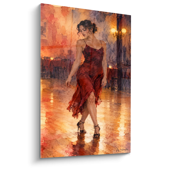 Tableau Danseuse en robe rouge sur parquet doré - Instant suspendu - Edition Tango