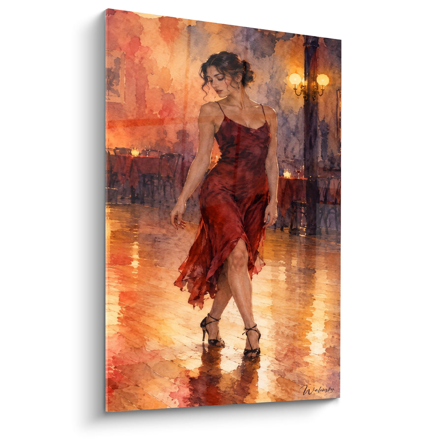 Tableau Danseuse en robe rouge sur parquet doré - Instant suspendu - Edition Tango