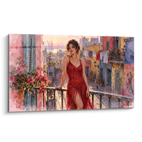 Tableau Danseuse en robe rouge sur balcon fleuri - Soir à Buenos Aires - Edition Tango