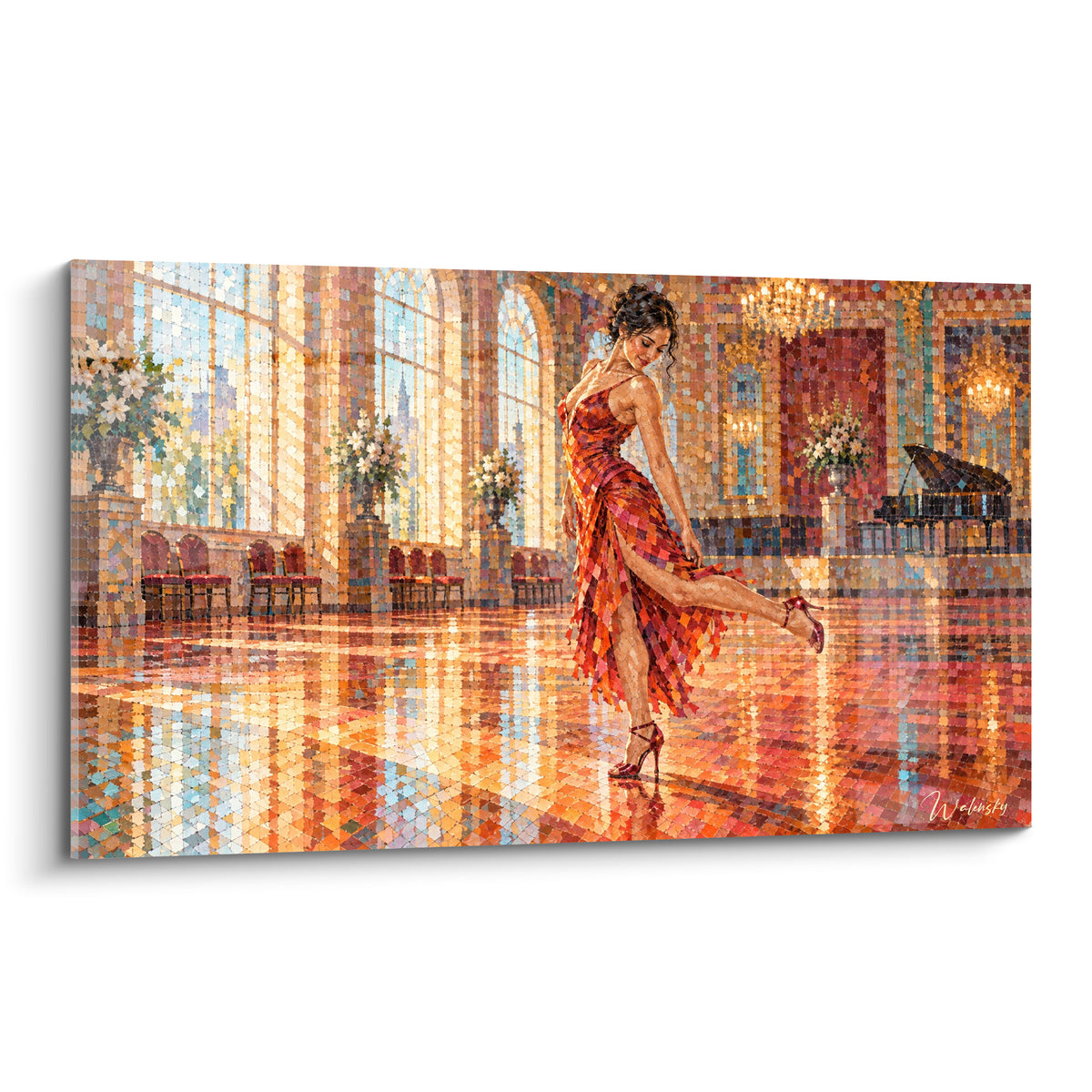 Tableau danseuse de tango en robe rouge virevoltant sur un sol doré et mosaïqué