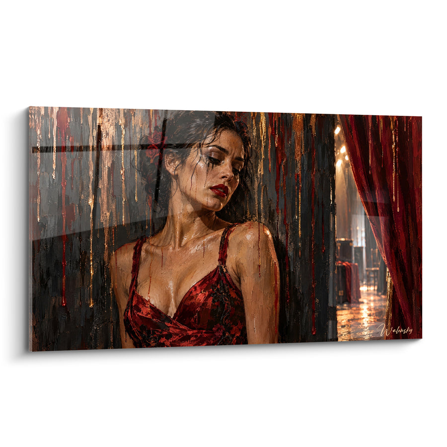 Tableau Danseuse en robe rouge rideau pourpre - Après le spectacle - Edition Tango