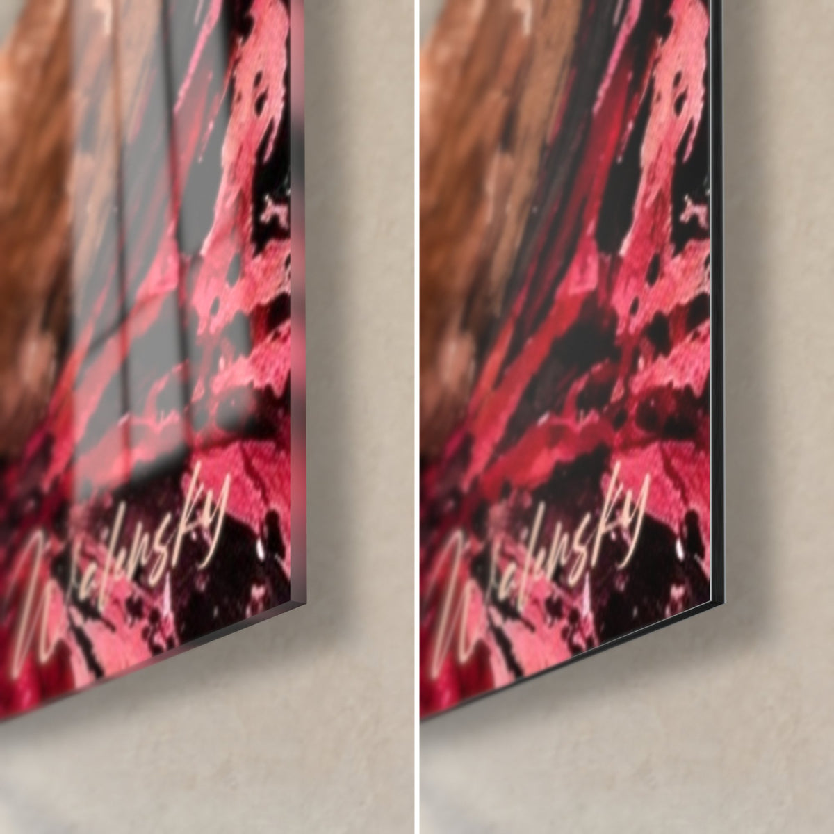 Tableau danseuse enlacée, coin bas droit en éclaboussures rouge et noir, verre acrylique brillant et alu Dibond mat, tranche de 3 mm