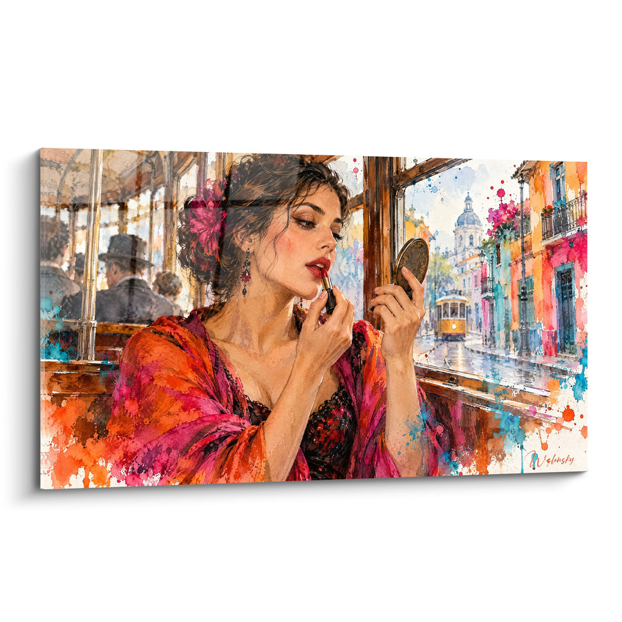 Tableau Femme au rouge à lèvres dans un tramway orange - Dernière retouche avant la ville - Edition Tango