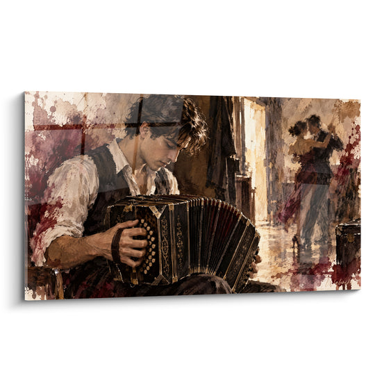Tableau Musicien au bandonéon bordeaux et ocre - Souffle avant la danse - Edition Tango