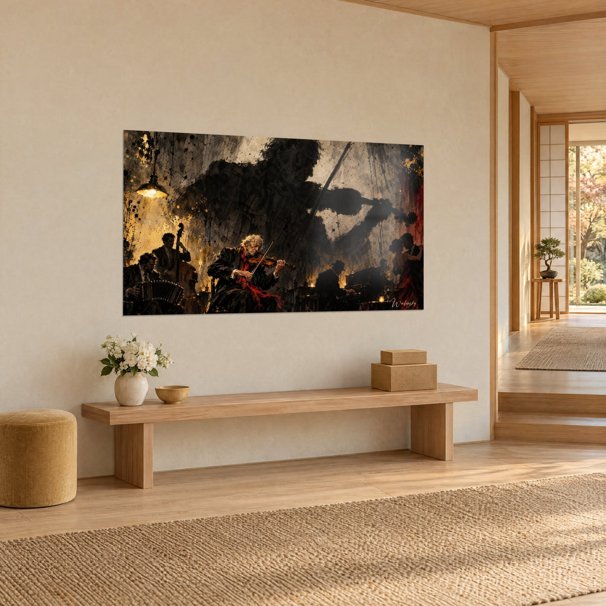 Tableau vieux violoniste en trio de tango, silhouette d'encre noire sur fond ocre taché d'or, vue de trois-quarts sur un banc en bois