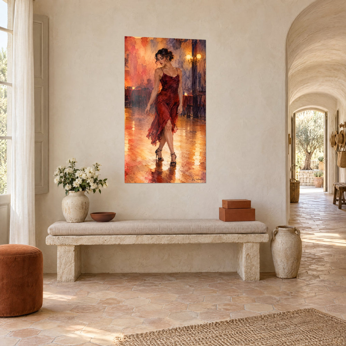 Tableau tangueuse aux escarpins noirs, jupe de soie carmin, parquet orangé, lampes allumées, dans un mas provençal