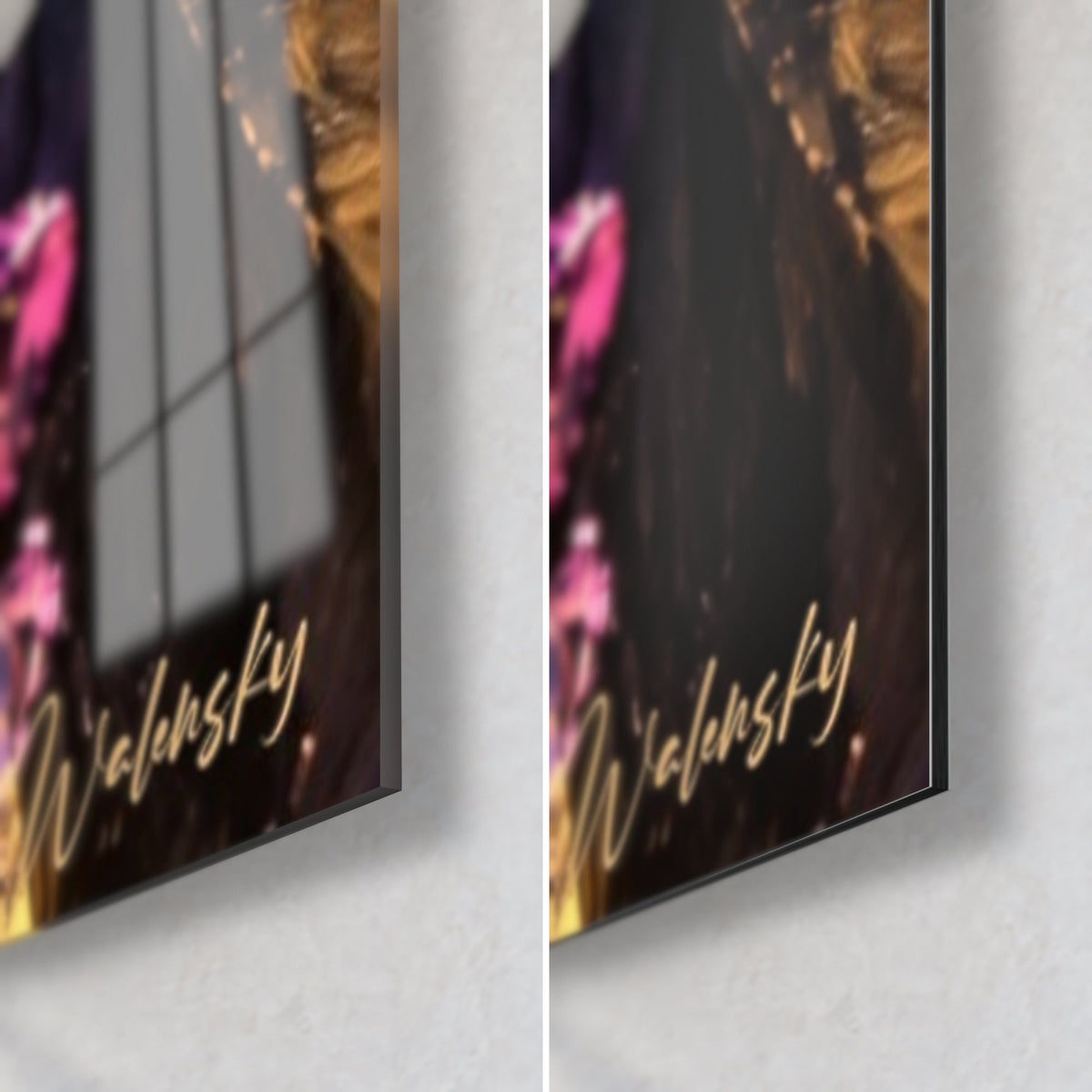Schilderij dansers in achterover buiging, rechtsonder: glanzend acrylglas met reflecties links, mat zwart Dibond rechts, 3 mm dikte