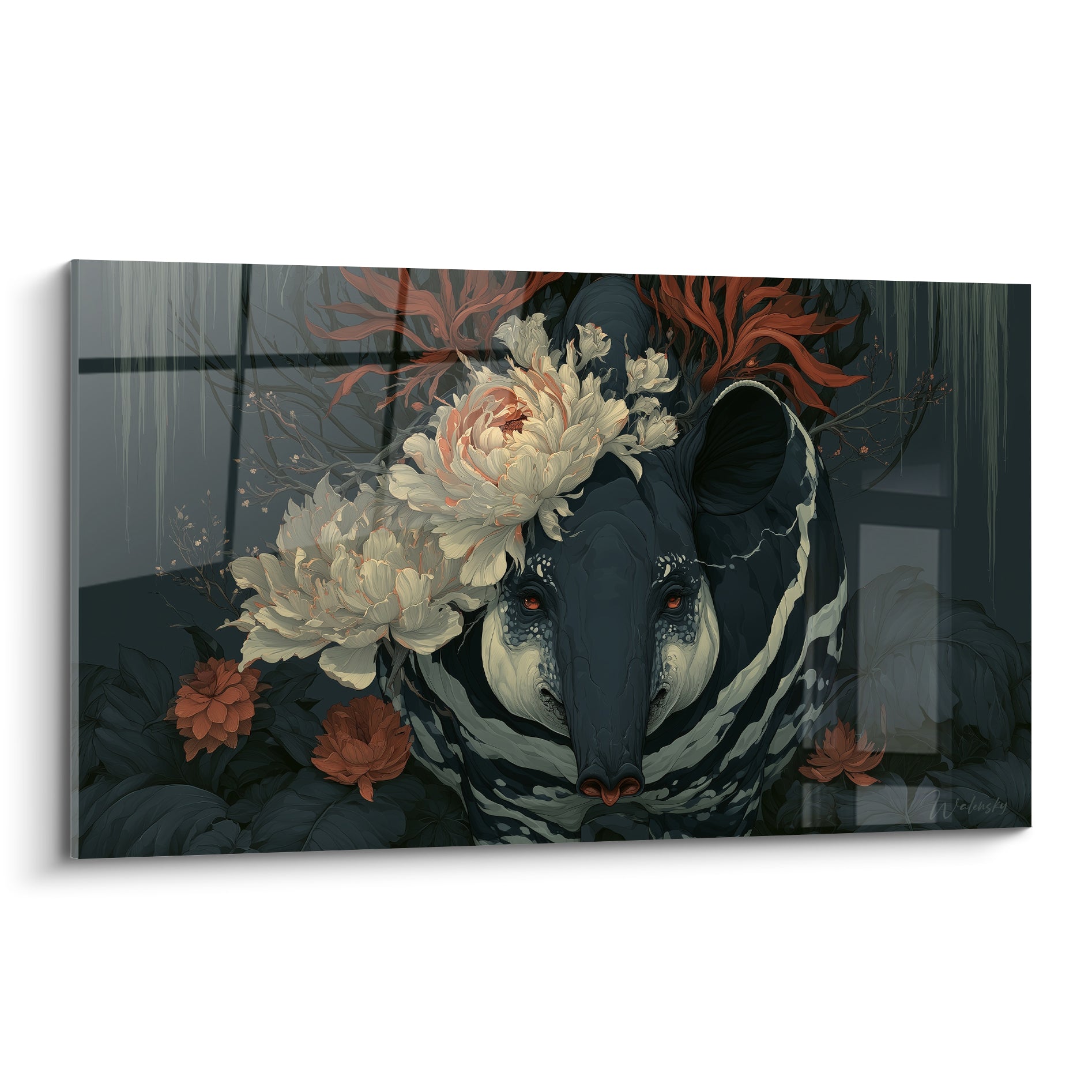 Tapir anthracite couronné de pivoines blanches et feuilles terracotta, regard ambré perçant