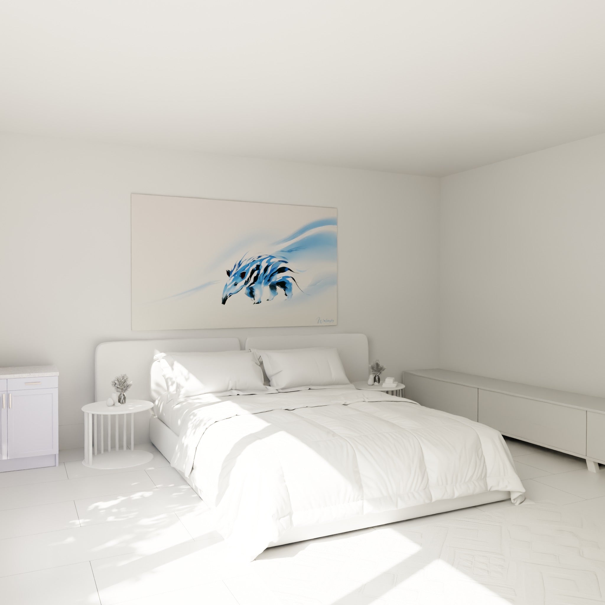 Silhouette de tapir bleu ardoise et blanc nacré au-dessus d'un lit dans une chambre claire